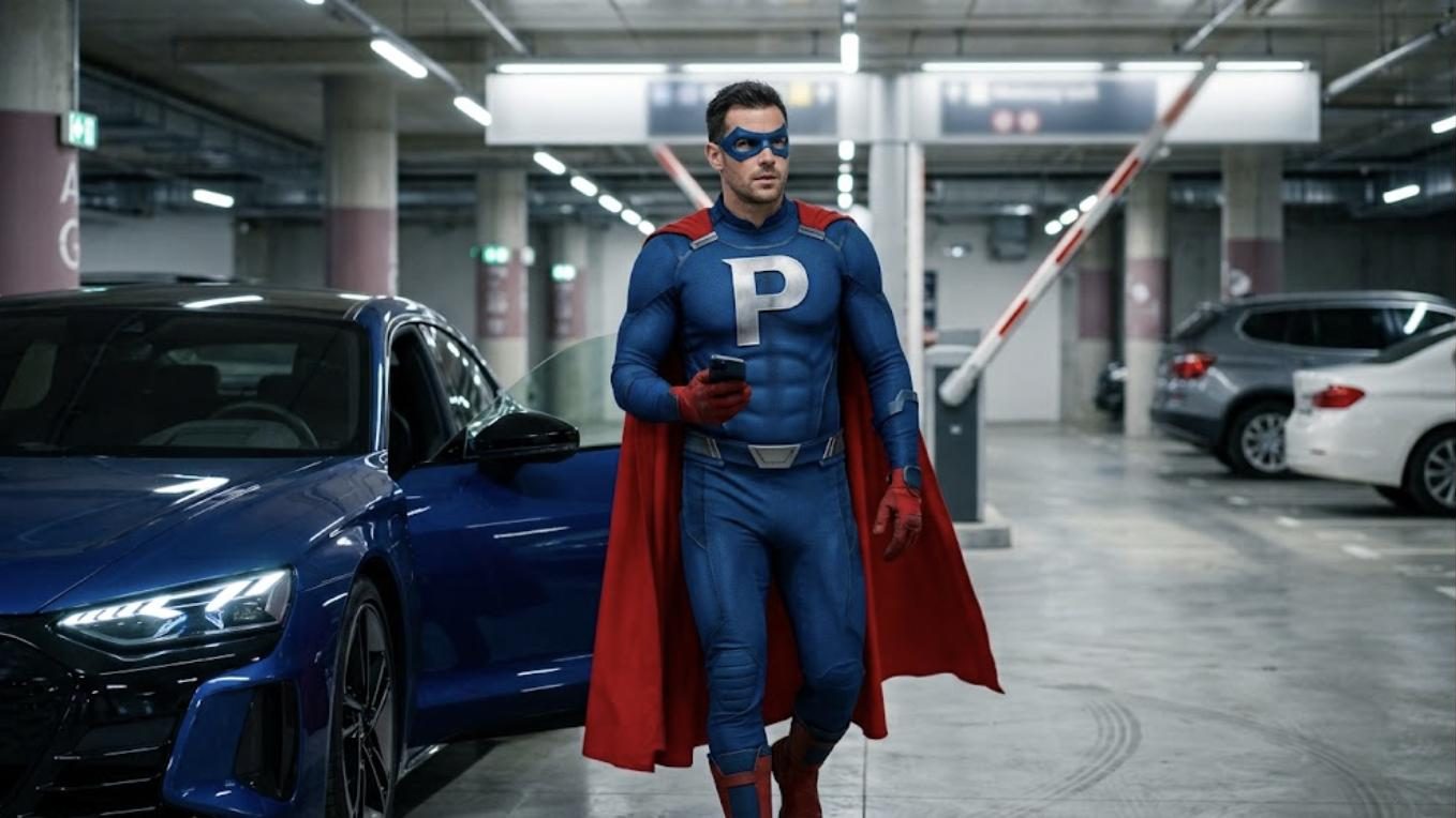 Superhéroe de Patillero con la P en el pecho reservando parking barato desde el móvil en un parking subterráneo