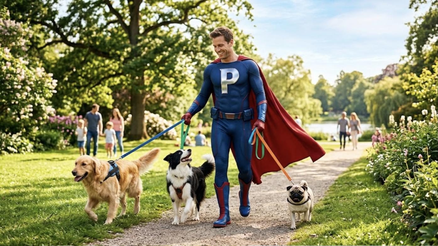 Superhéroe de Patillero con la P en el pecho paseando perros en un parque
