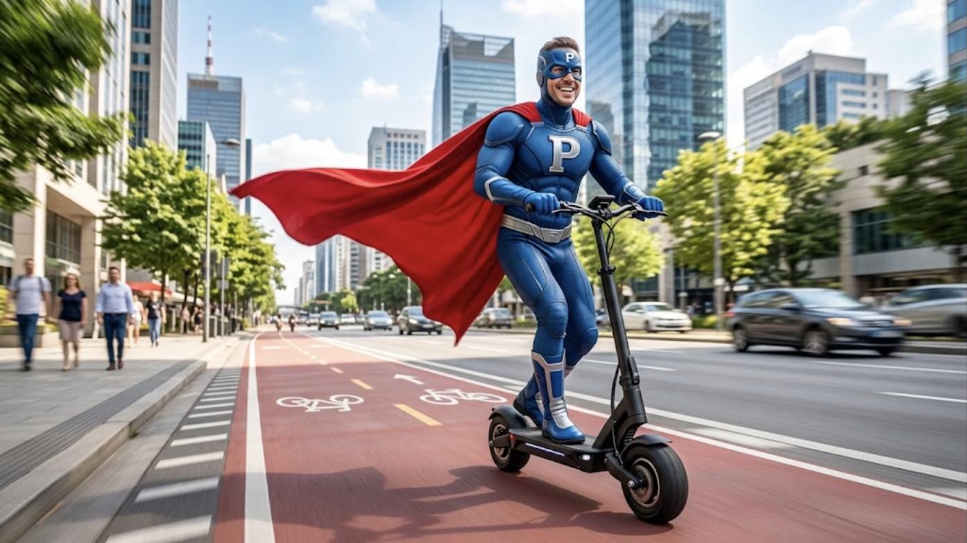 Superhéroe de Patillero con la P en el pecho montando un patinete eléctrico por un carril bici
