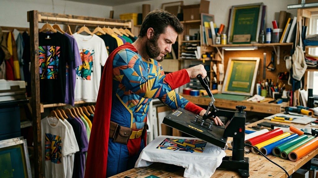 Superhéroe con patillas estampando una camiseta personalizada con una plancha de calor en su taller casero
