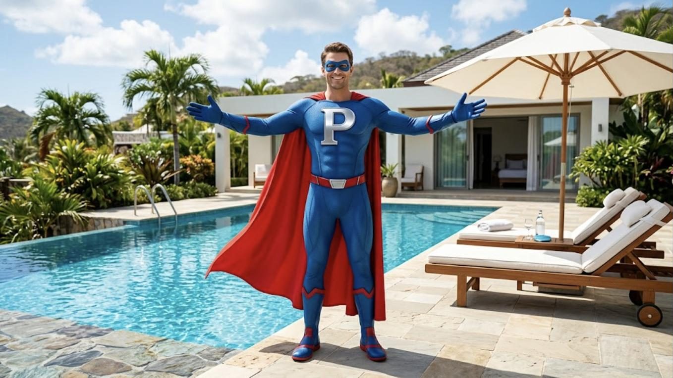 Superhéroe de Patillero con la P en el pecho dando la bienvenida a su piscina en alquiler