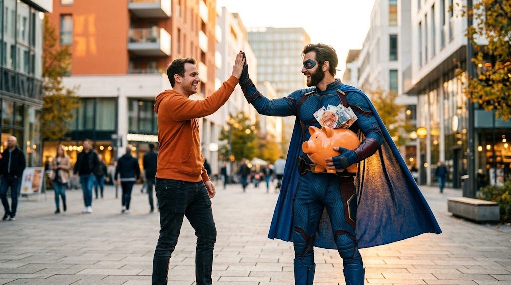 Superhéroe de Patillero celebrando el plan amigo de ING con una hucha naranja llena de euros