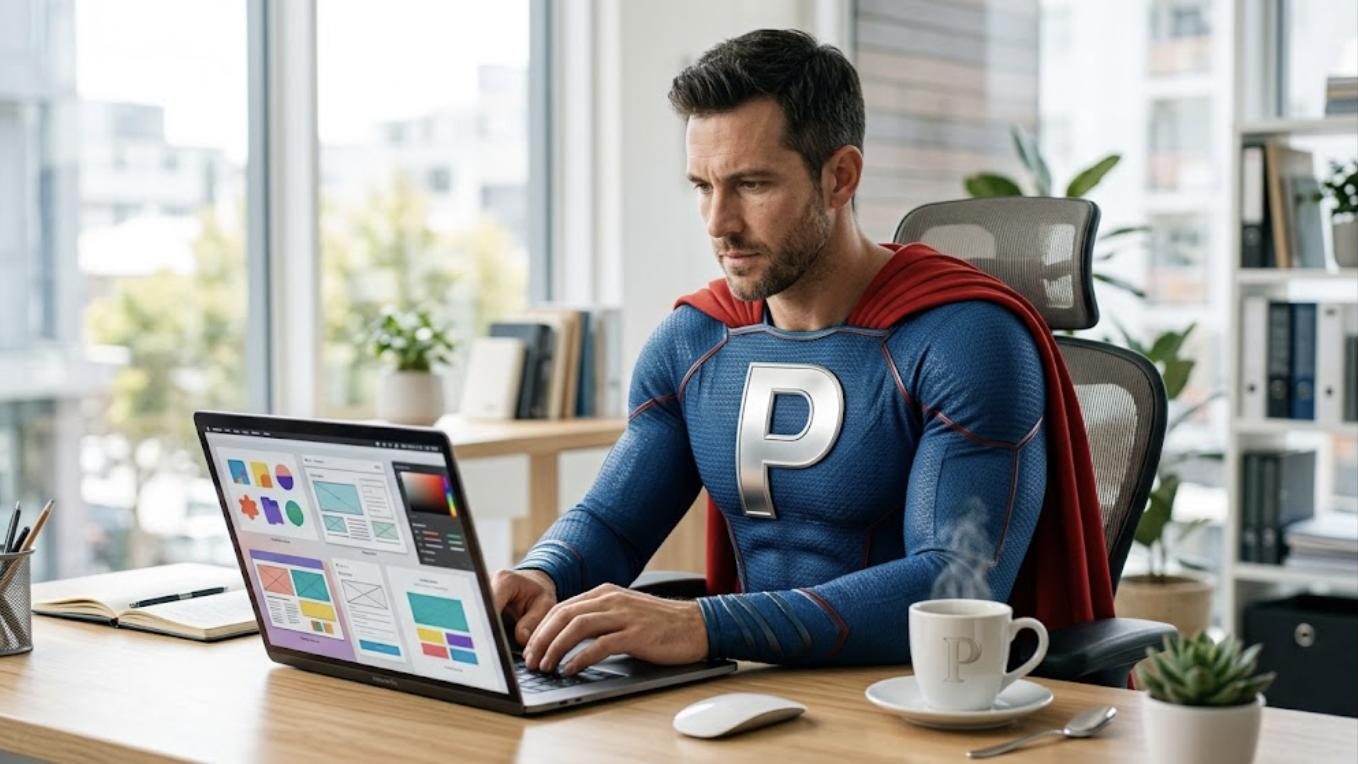 Superhéroe de Patillero con la P en el pecho presentando sus plantillas digitales a la venta