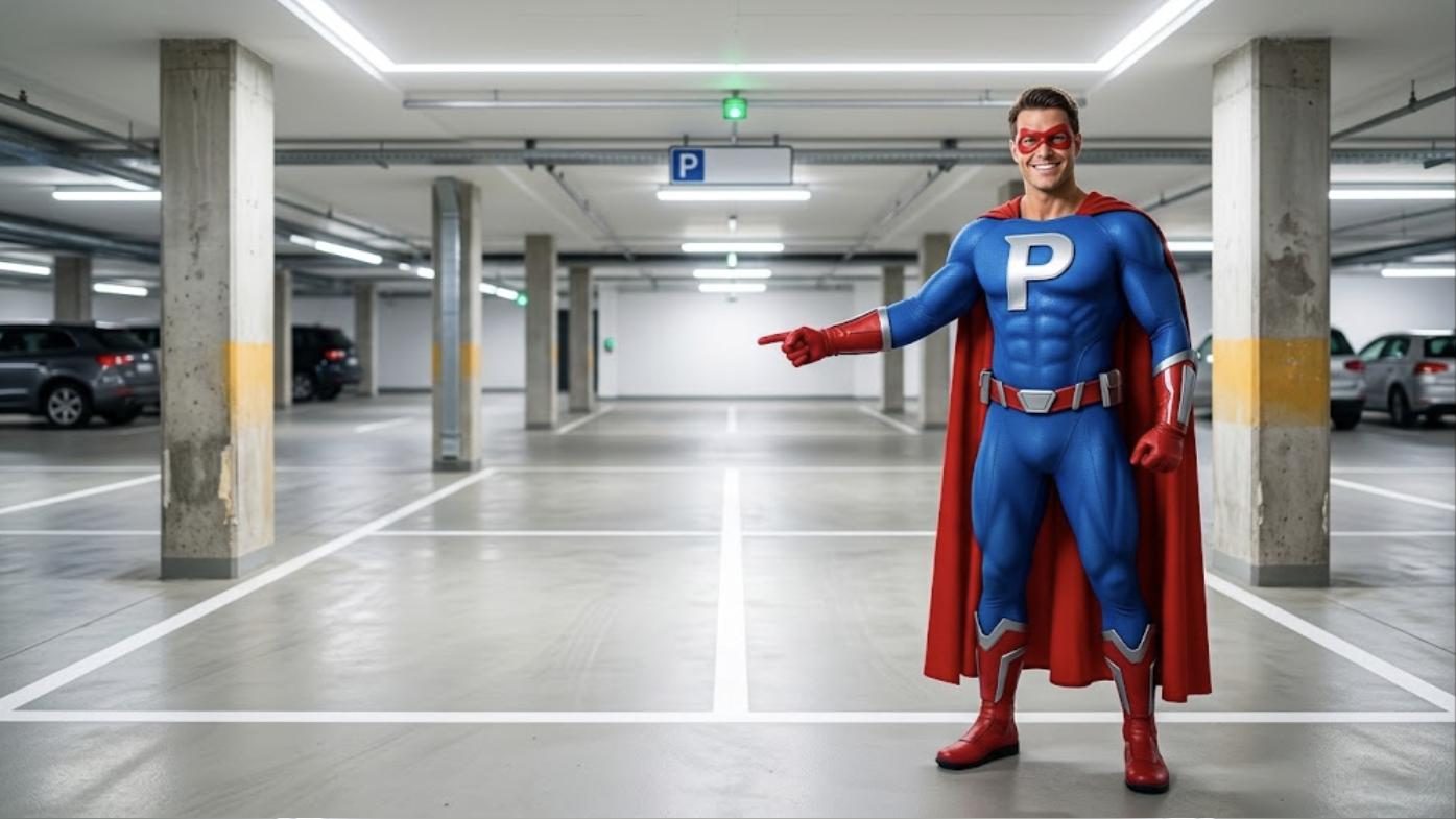 Superhéroe de Patillero con la P en el pecho mostrando una plaza de garaje para alquilar