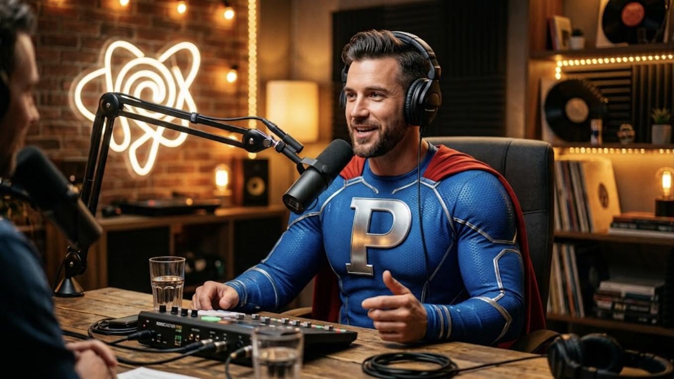 Superhéroe de Patillero con la P en el pecho grabando su podcast con micrófono profesional
