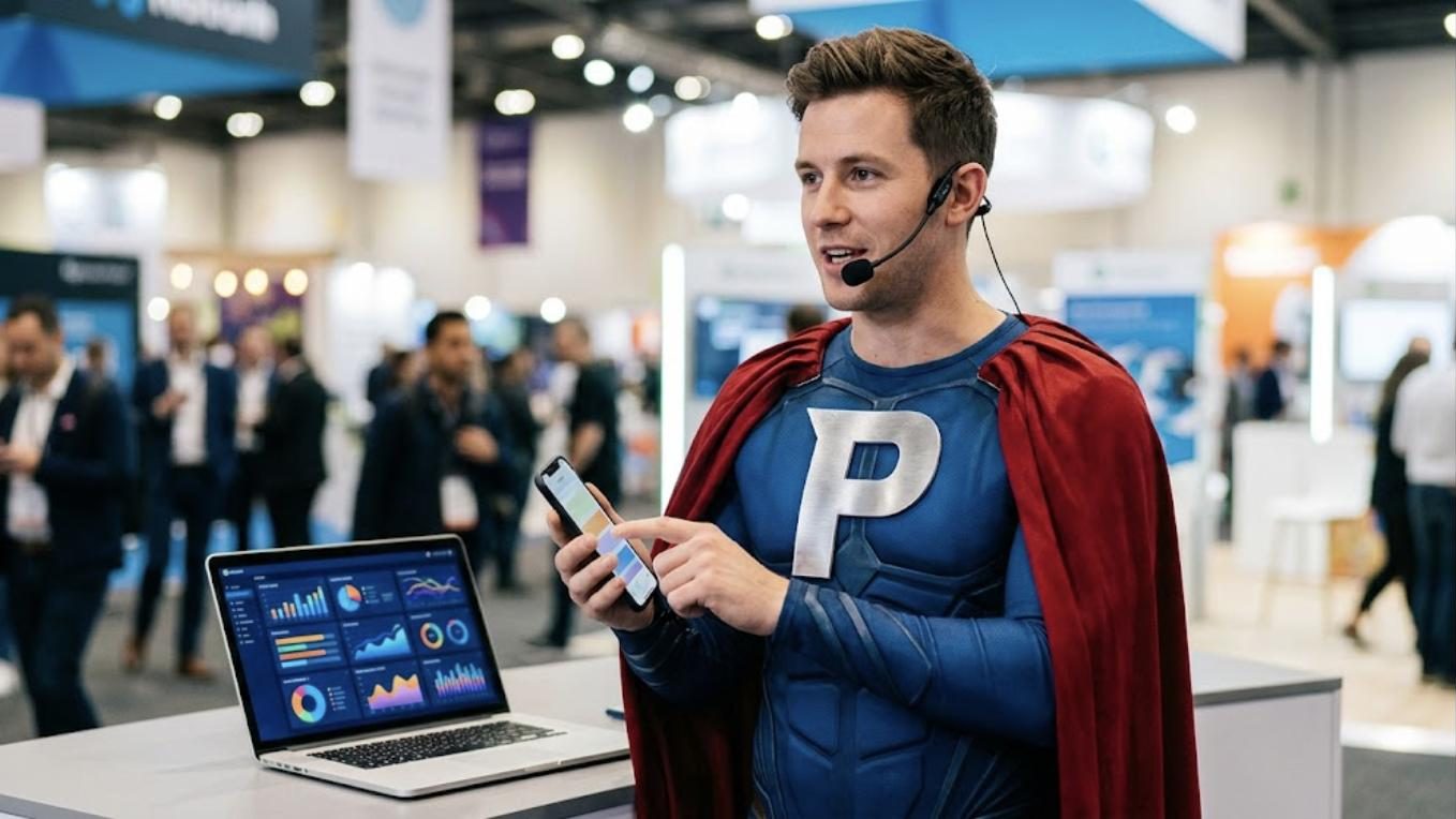 Superhéroe de Patillero con la P en el pecho probando una app y dando su opinión en voz alta