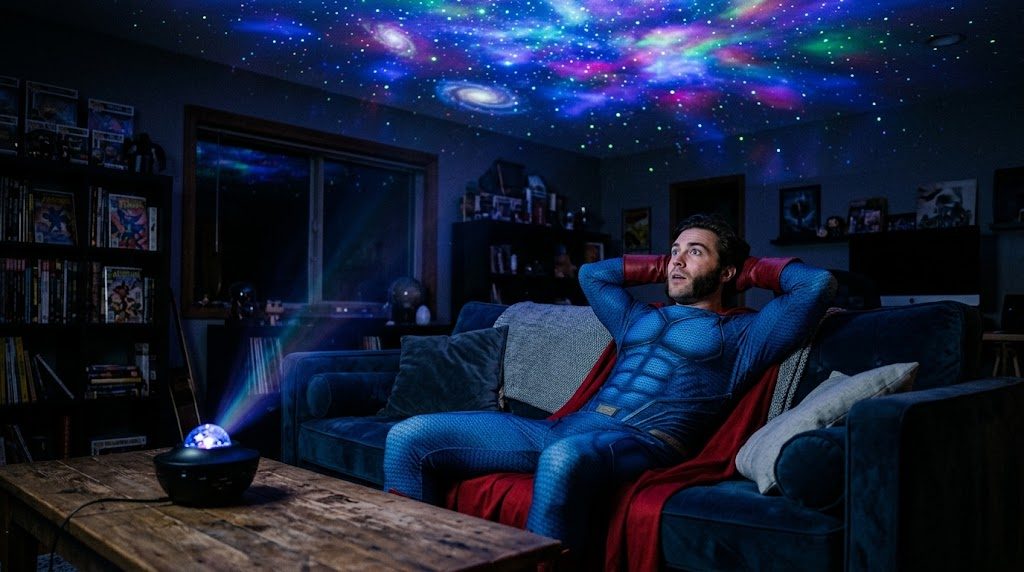 Superhéroe con patillas maravillado bajo un proyector de estrellas y galaxias en su salón