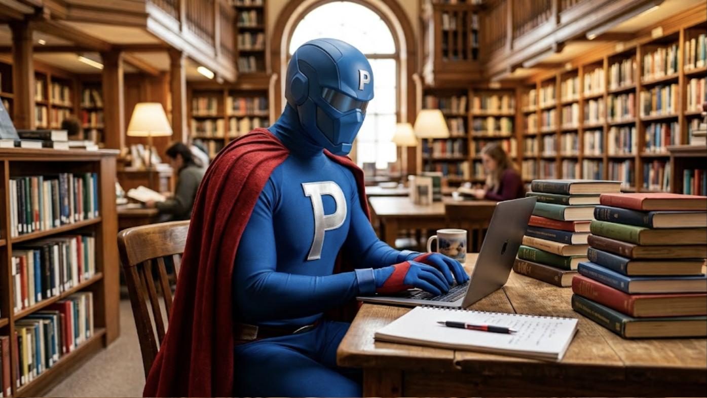 Superhéroe de Patillero con la P en el pecho escribiendo un libro para publicarlo en Amazon
