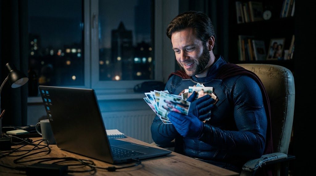 Superhéroe rescatando fotos y documentos junto a un portátil
