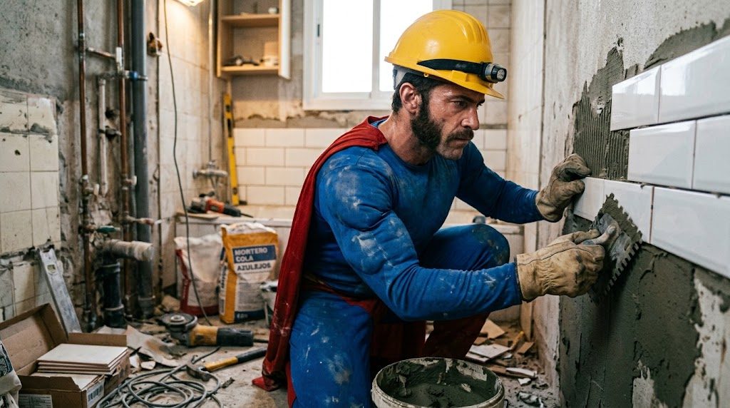 Superhéroe con casco de obra reformando un cuarto de baño