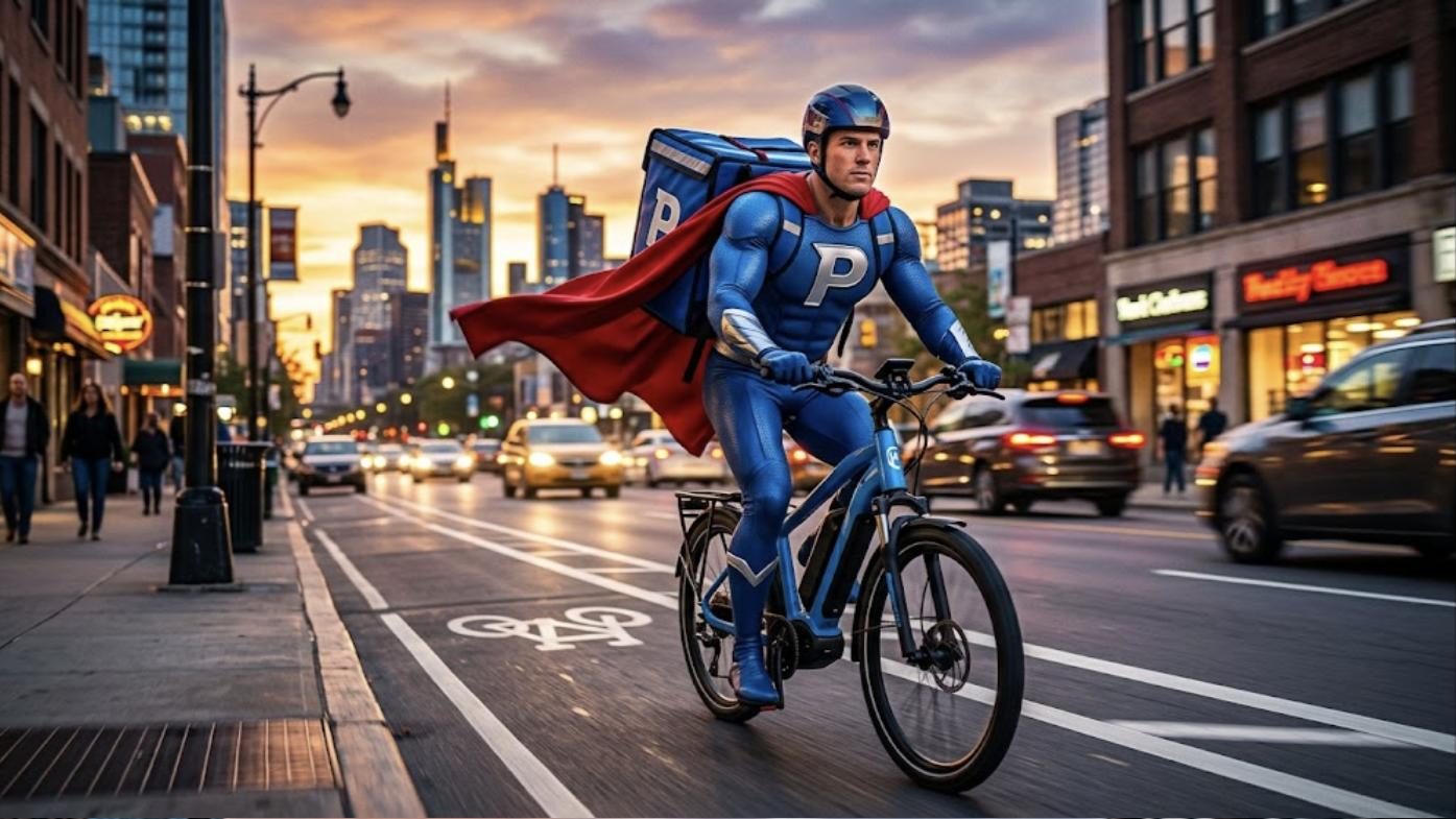 Superhéroe de Patillero con la P en el pecho repartiendo pedidos en bicicleta