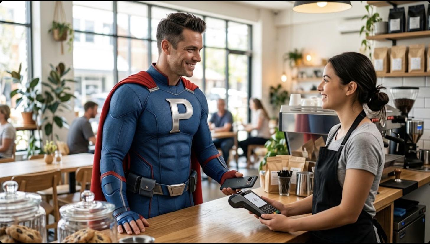 Superhéroe de Patillero con la P en el pecho pagando con el móvil en una cafetería moderna