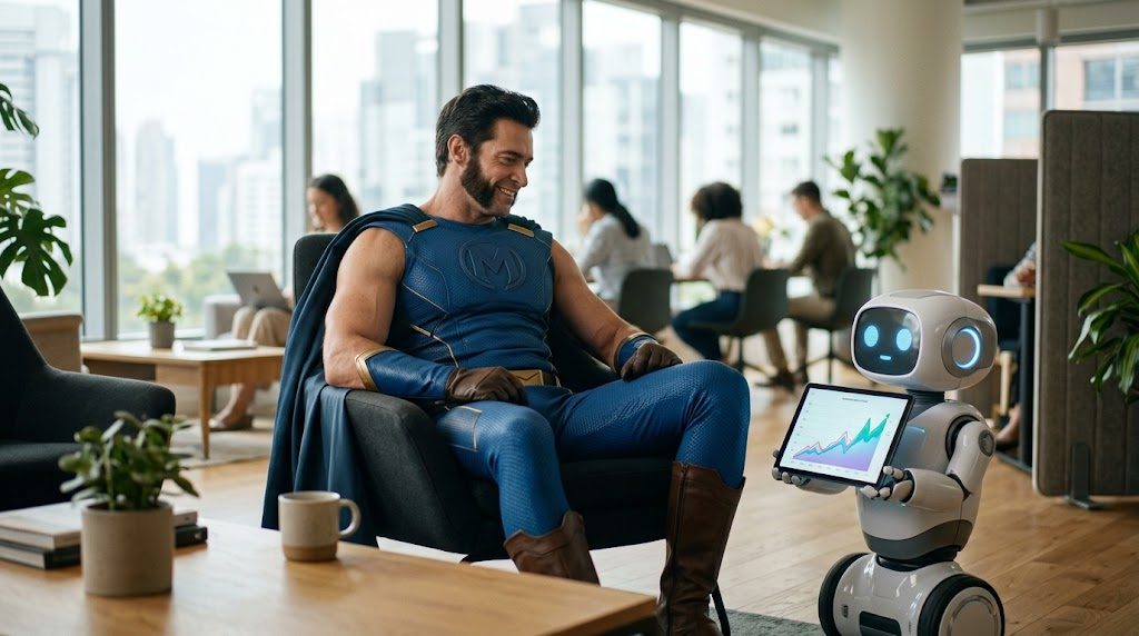Superhéroe de Patillero relajado mientras un robot asesor le muestra un gráfico ascendente