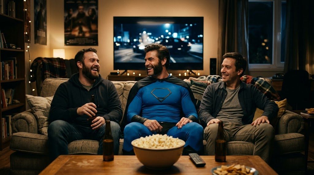 Superhéroe viendo streaming en el sofá con amigos