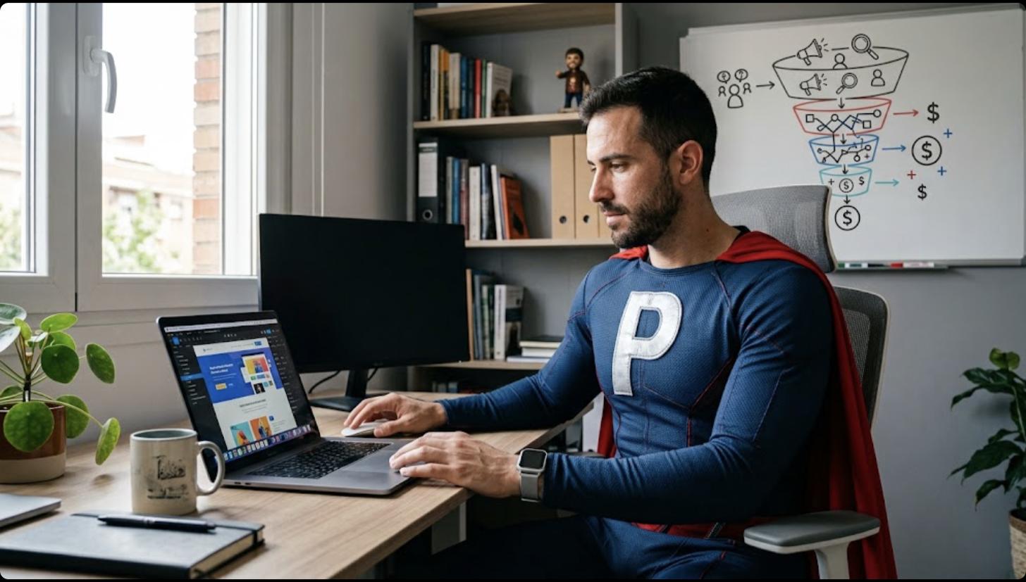 Superhéroe de Patillero con la P en el pecho creando su web y embudo de ventas con Systeme.io en su despacho