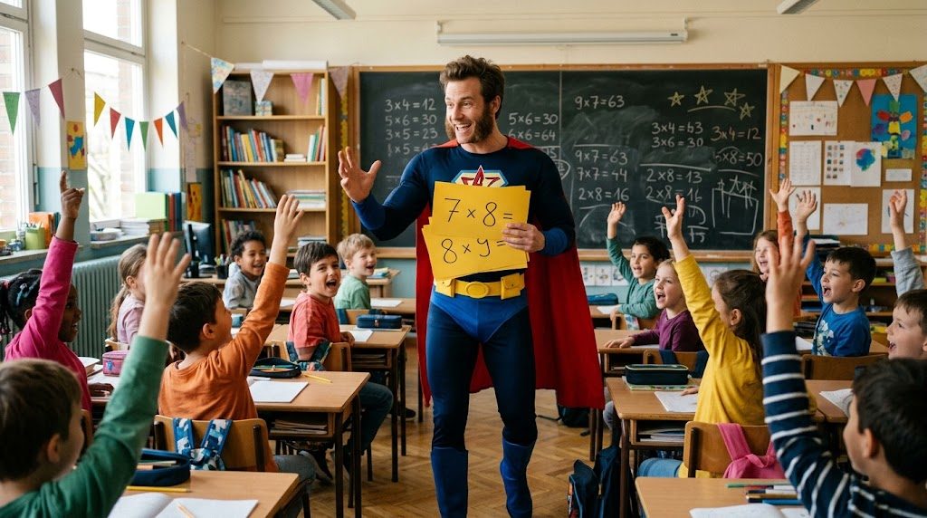 Superhéroe con patillas dirigiendo un concurso de tablas de multiplicar en clase con niños entusiasmados