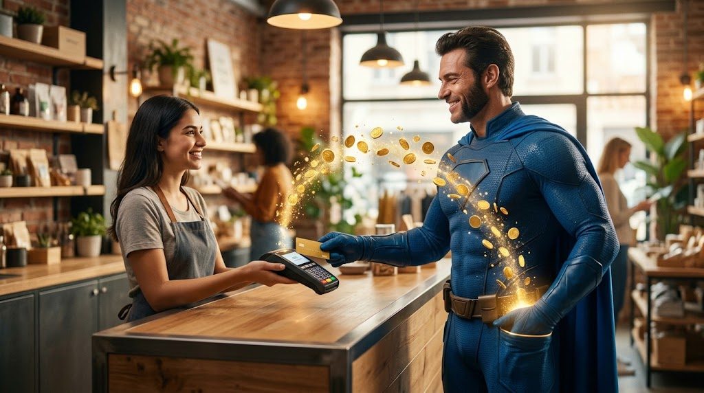 Superhéroe de Patillero pagando con tarjeta mientras las monedas del cashback vuelven a su bolsillo