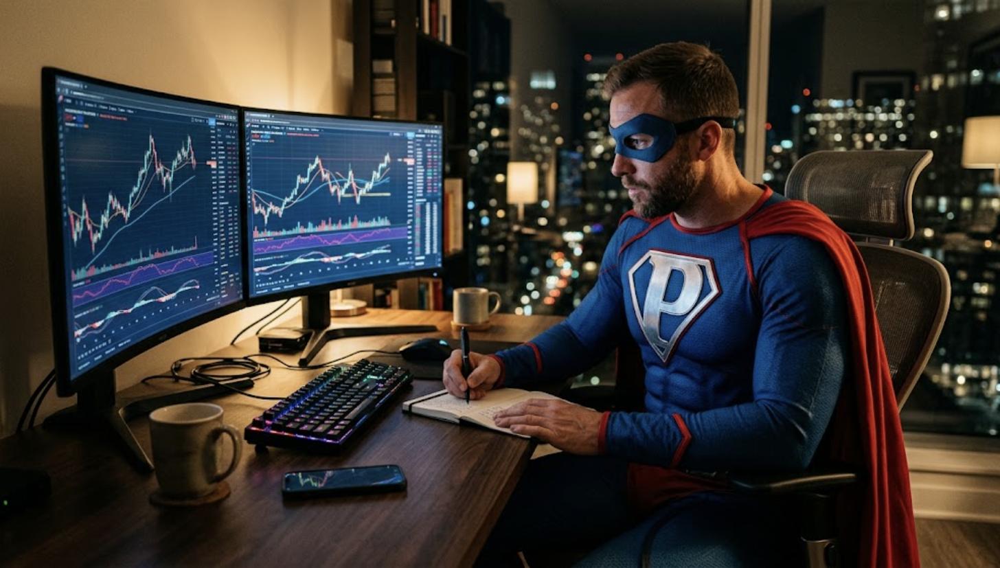 Superhéroe de Patillero con la P en el pecho estudiando gráficos de trading en dos monitores