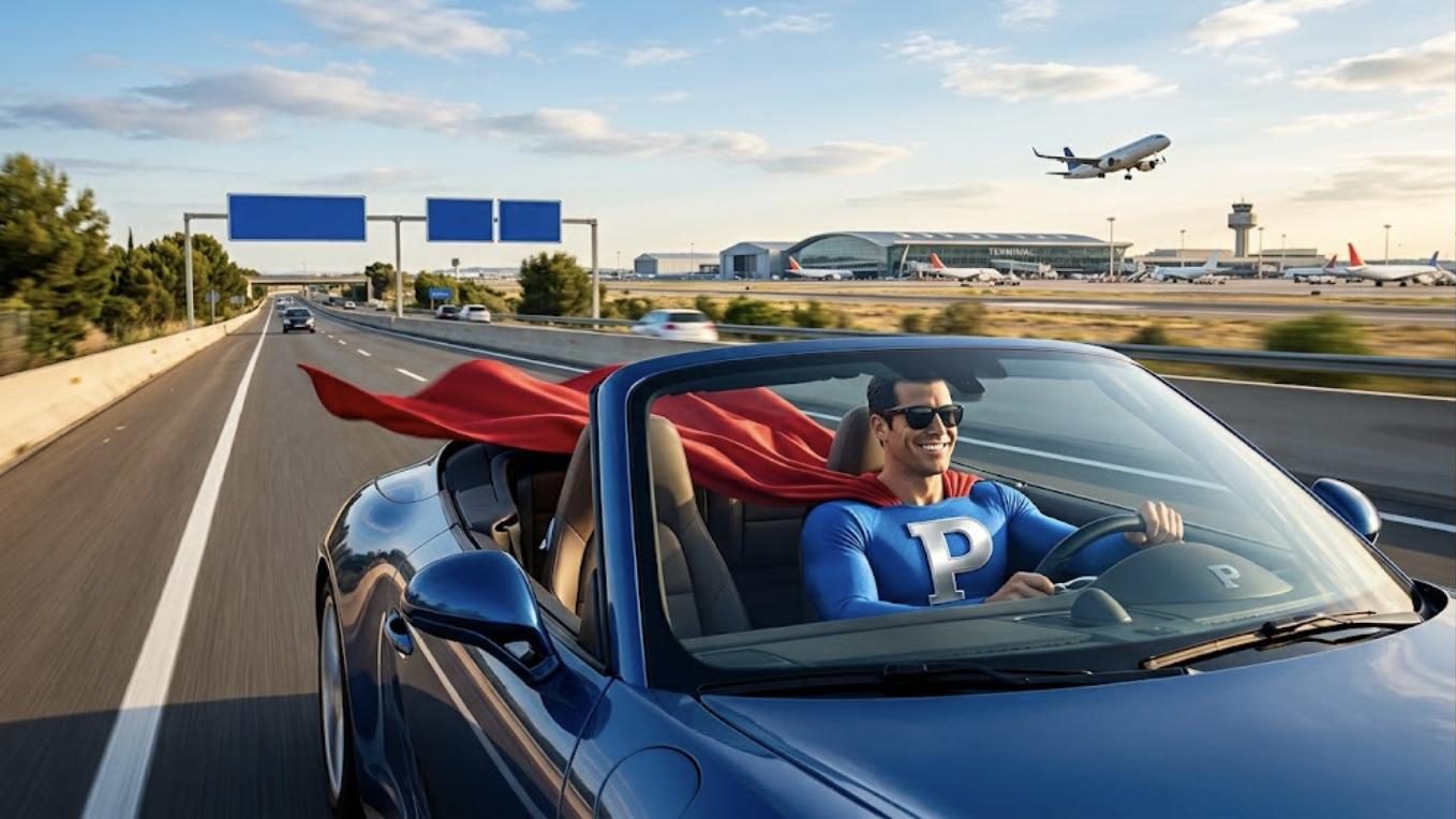 Superhéroe de Patillero con la P en el pecho trasladando un coche de alquiler por autopista