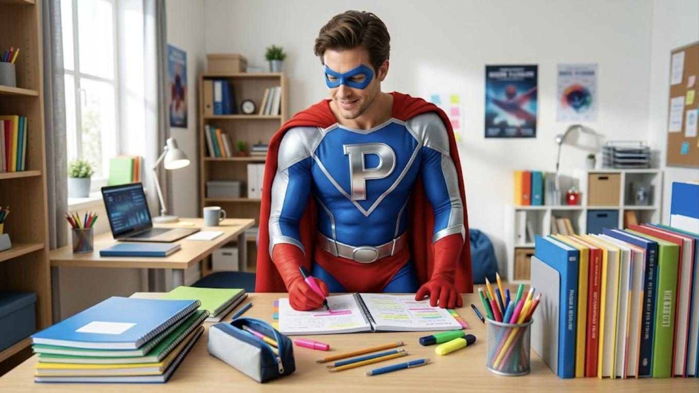 Superhéroe de Patillero con la P en el pecho organizando apuntes para vender online