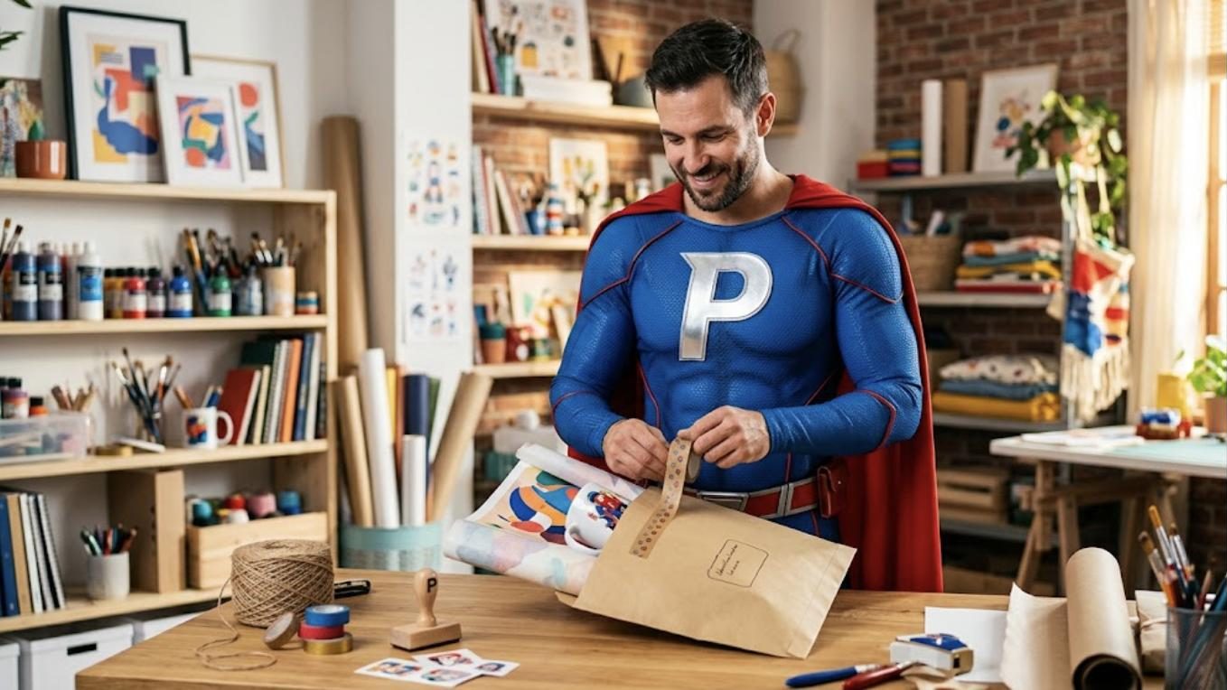 Superhéroe de Patillero con la P en el pecho empaquetando productos para vender en Etsy