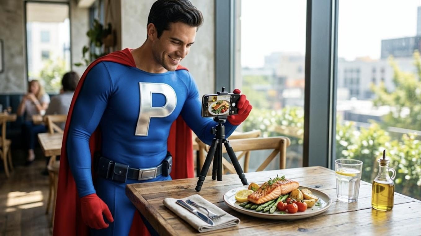 Superhéroe de Patillero con la P en el pecho haciendo fotos de stock con el móvil y un trípode