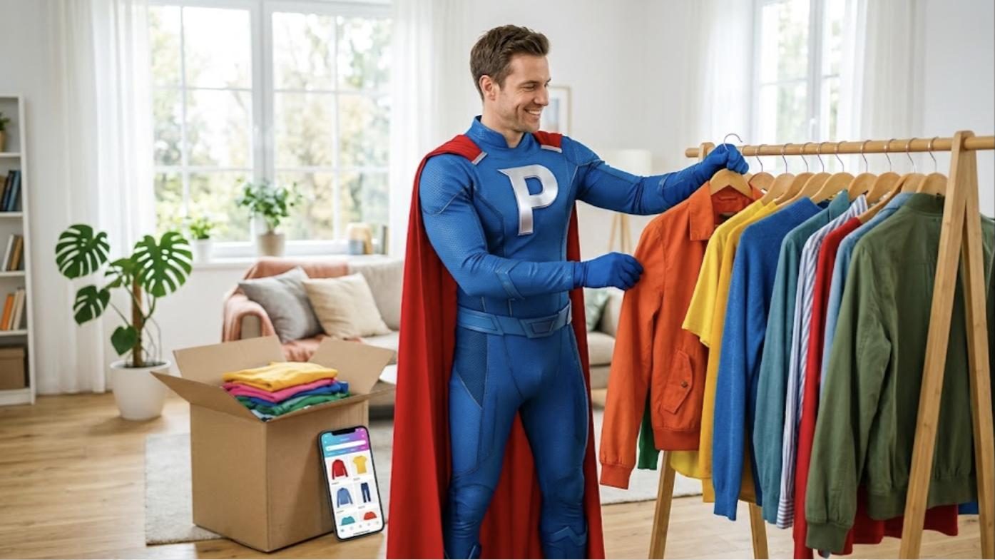 Superhéroe de Patillero con la P en el pecho preparando ropa usada para vender online