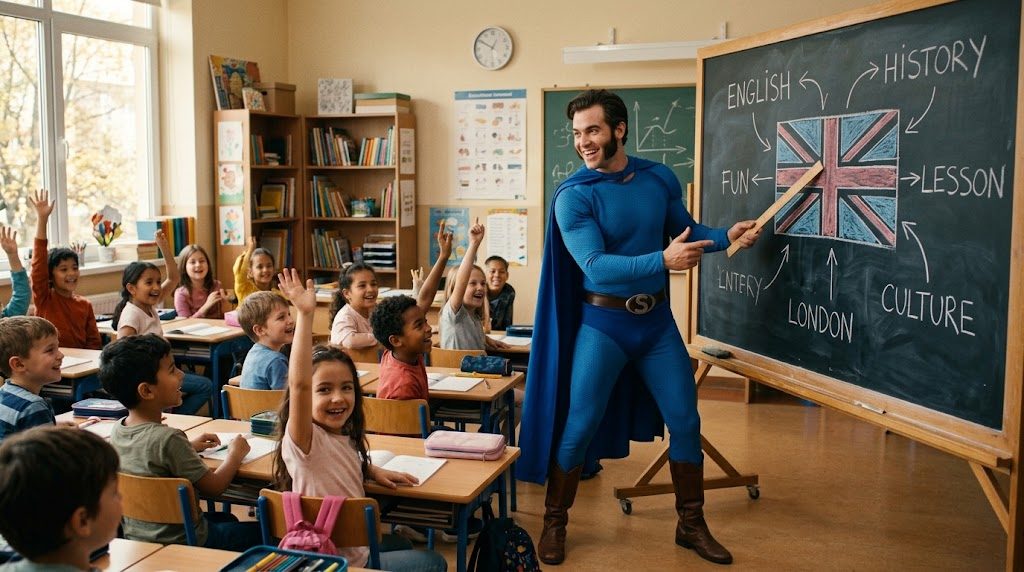 Profesor superhéroe de Patillero enseñando los verbos irregulares en inglés en la pizarra