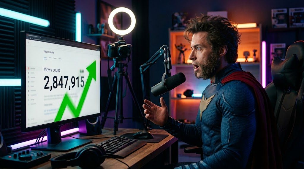 Superhéroe youtuber con patillas viendo dispararse el contador de reproducciones en su estudio