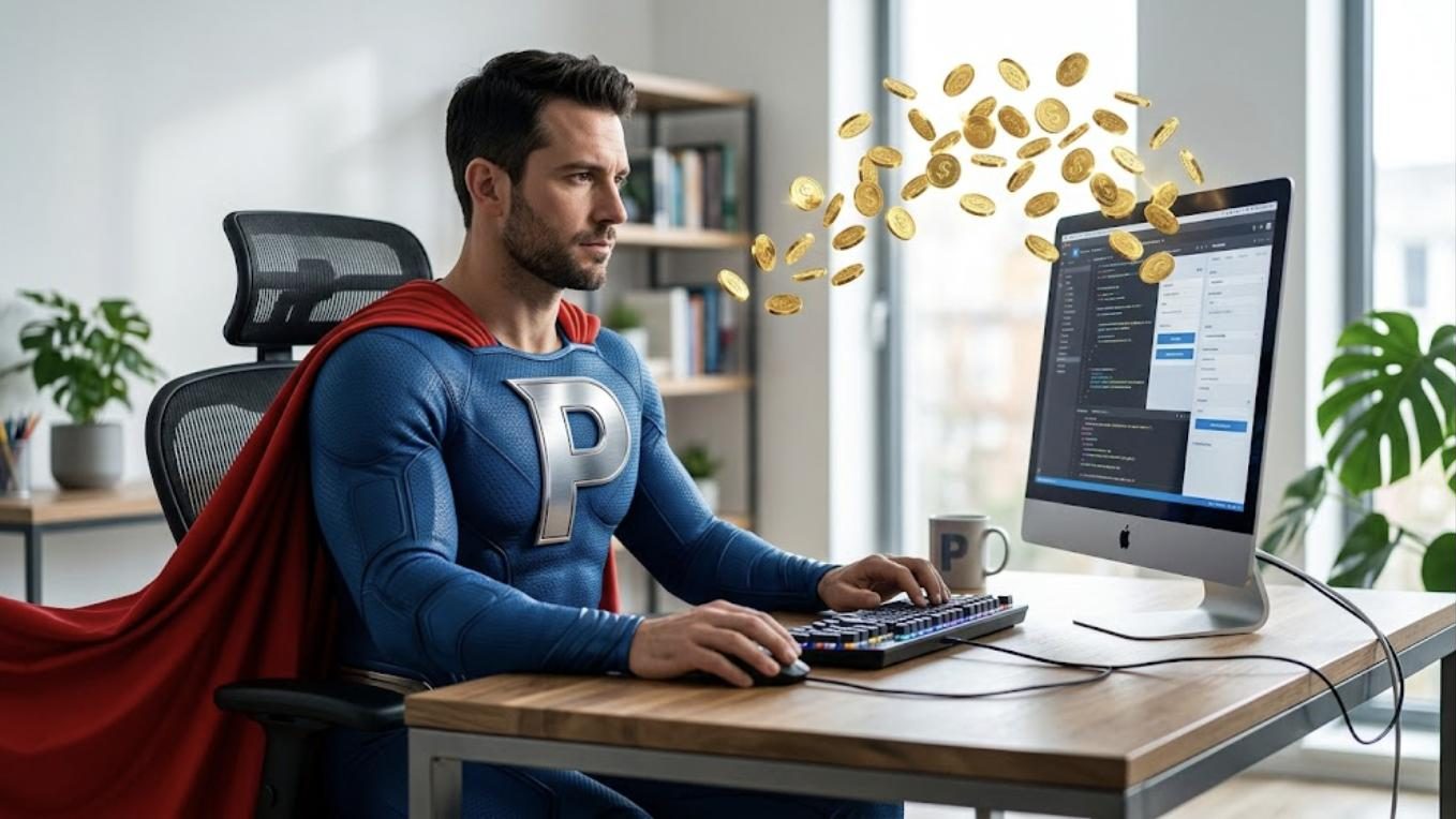 Superhéroe de Patillero con la P en el pecho construyendo su web de afiliación