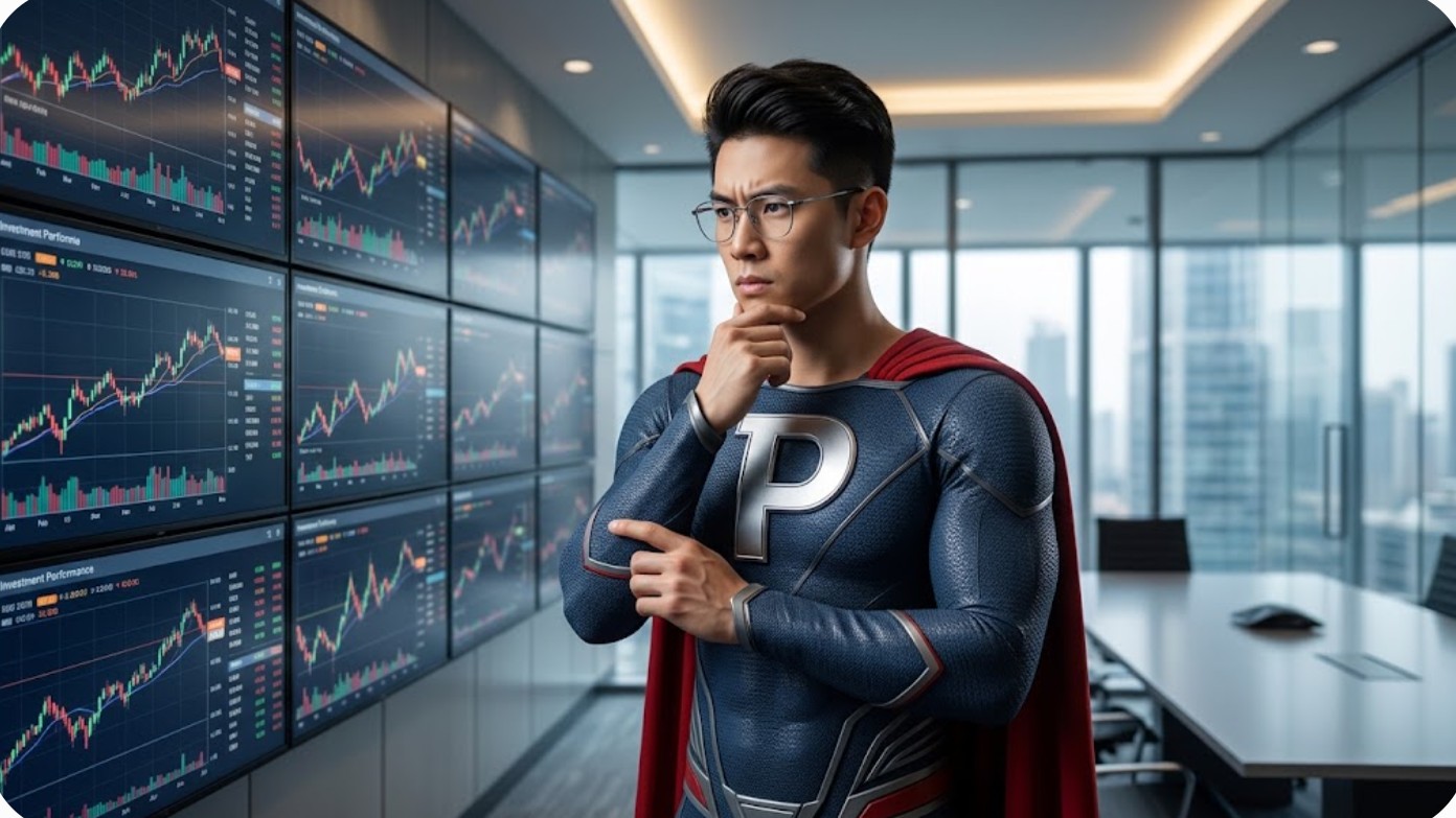 Superheroe de Patillero mirando paneles con carteras de inversion casi identicas