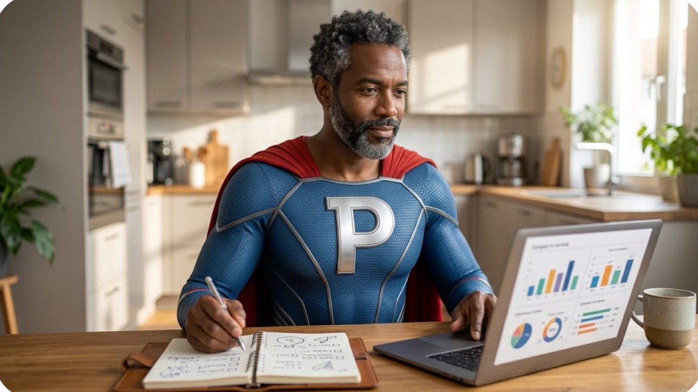 Superheroe de Patillero comparando cuentas bancarias en el portatil desde la cocina