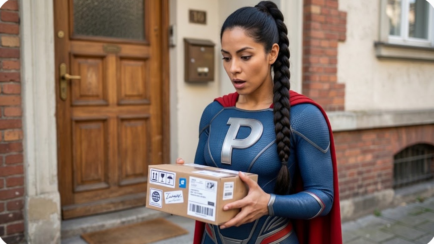 Superheroina de Patillero recibiendo un paquete con etiquetas de envio internacional y aduanas