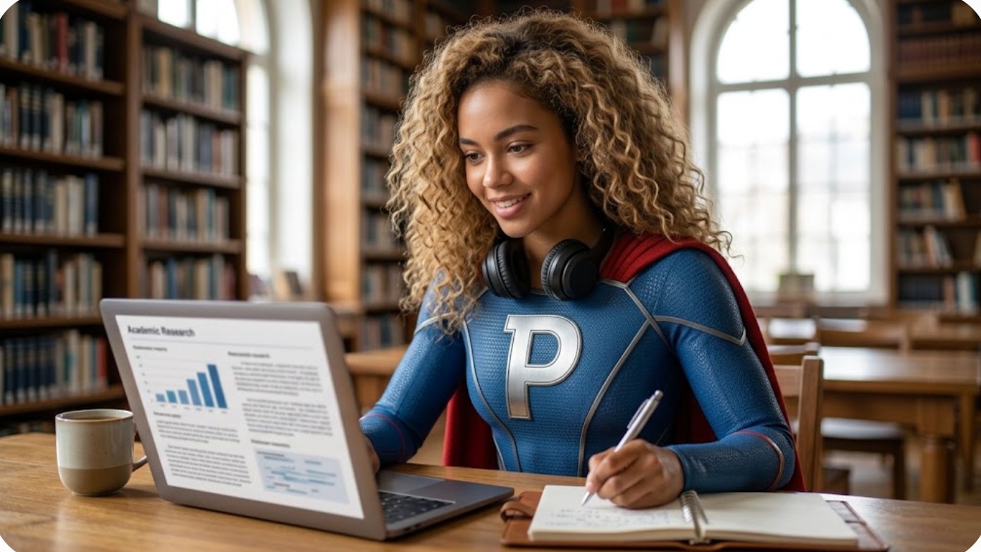 Superheroina de Patillero estudiando un curso online gratis en una biblioteca